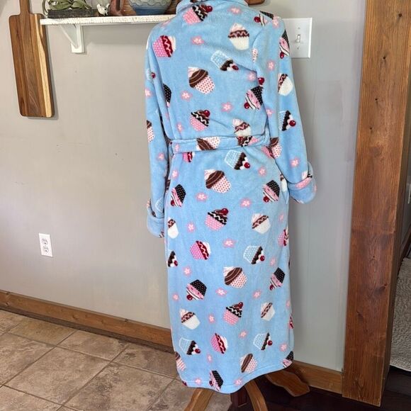 Oscar de la Renta womens plush cupcake bathrobe size small medium blue cozy comf - Picture 4 of 8